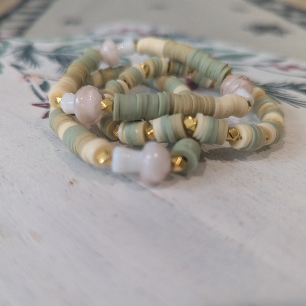 3 Handmade Beaded Bracelet Stack with Mushroom Bead Detail